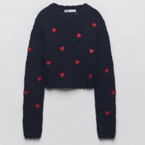 ZARA Hearts Cropped sweater. POINTELLE KNIT.